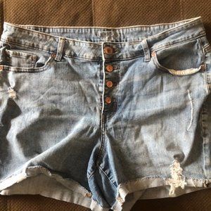 Maurice's Women's plus blue jean worn rip buttonfly high rise shorts Size 18